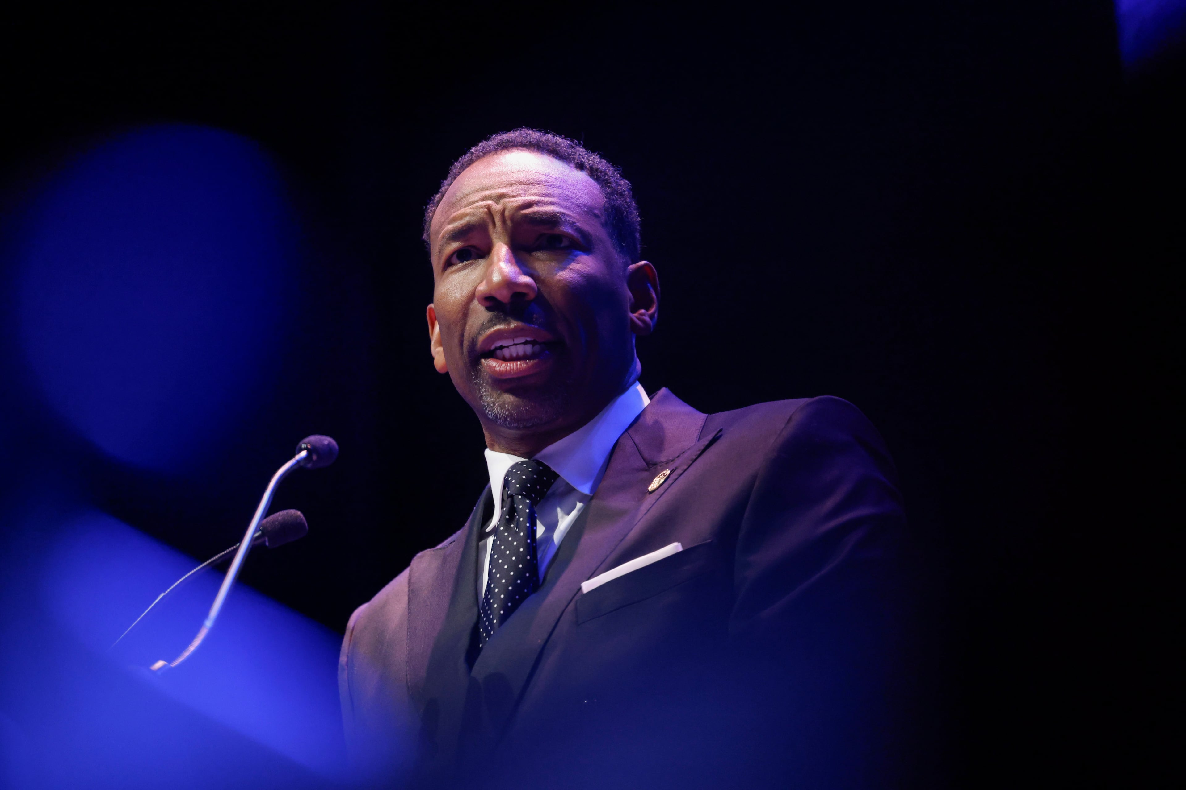 Mayor Andre Dickens gives the annual State of the City address at Woodruff Arts Center in Atlanta on Wednesday, March 18, 2026. (Arvin Temkar/AJC)