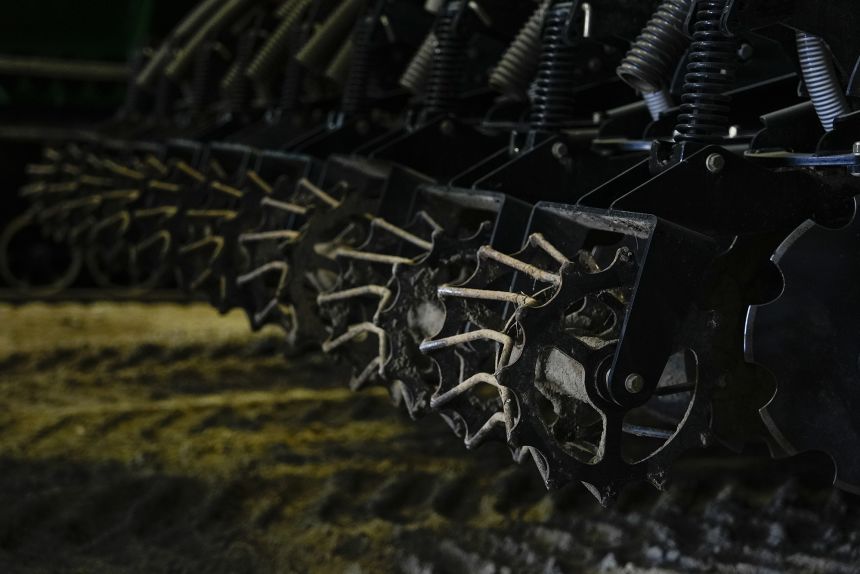 A strip-till tractor, used to plant fertilizer deep into a field's soil, on August 27, 2024, in Forest, Ohio.