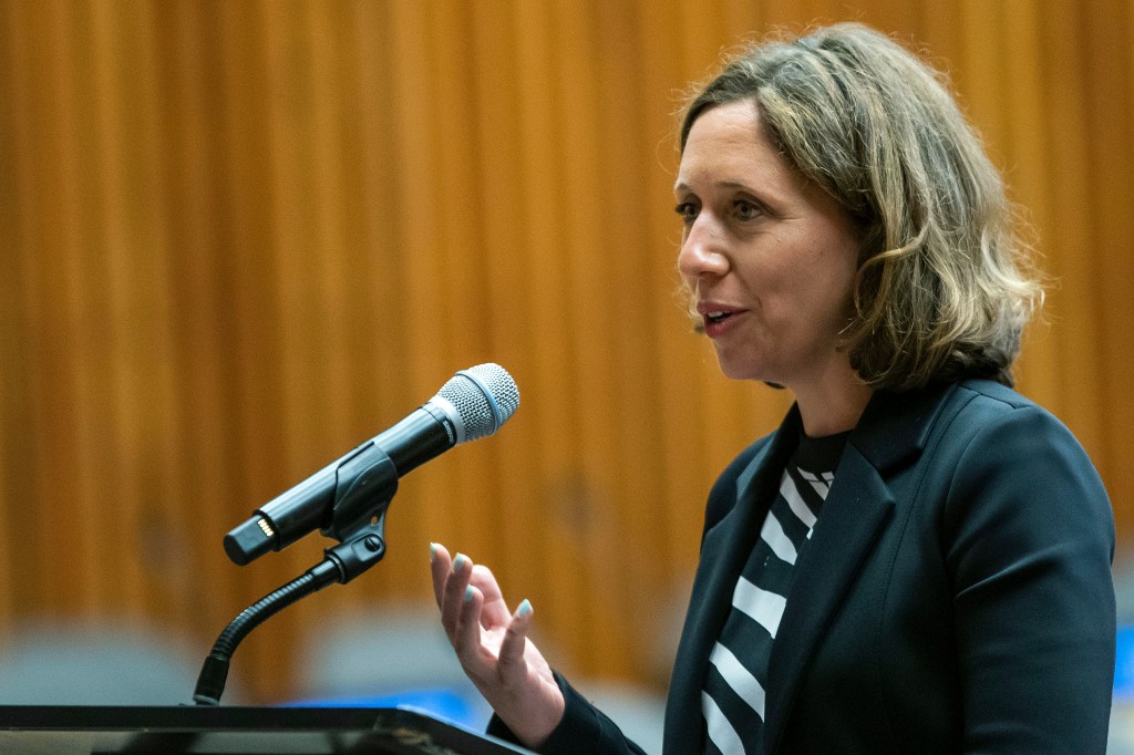 Associated Press Senior Vice President and Executive Editor Julie Pace speaking at the United Nations headquarters.