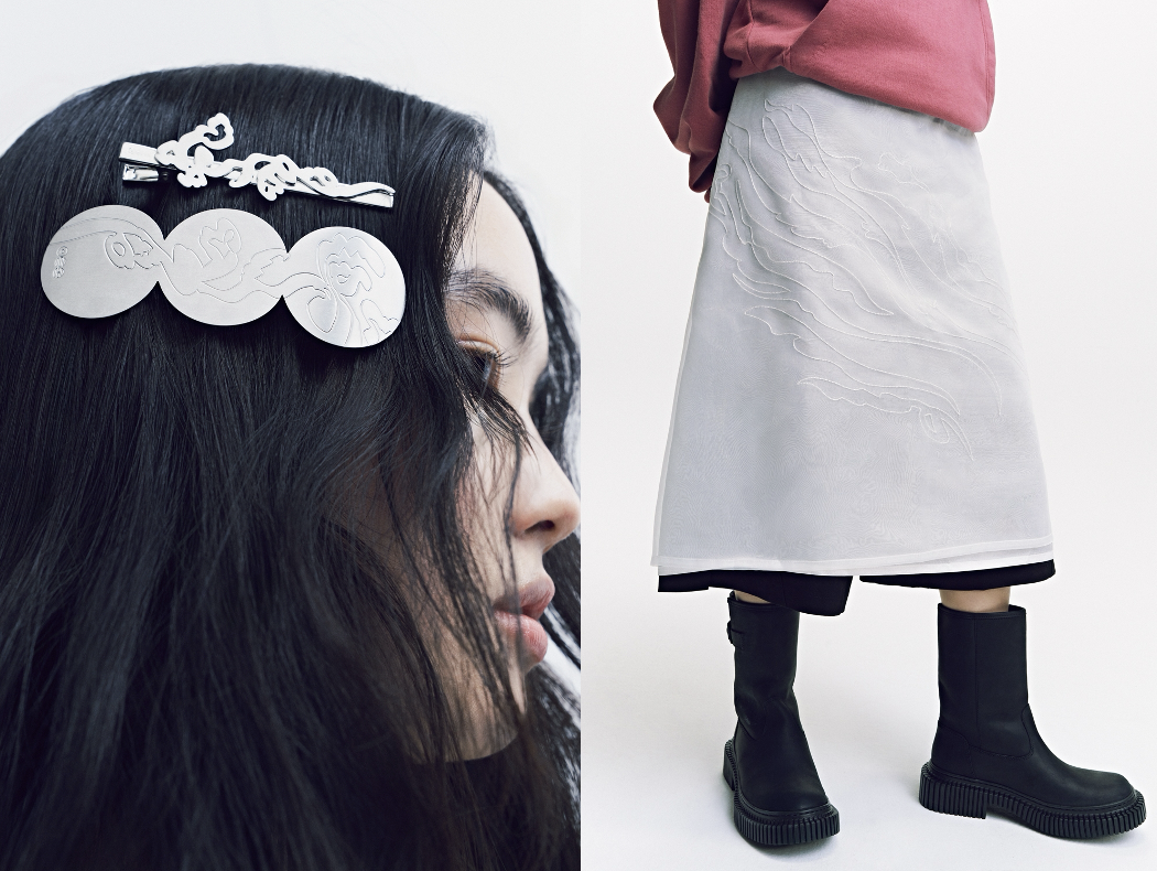 A hairpin and hair clip (left) and a layered skirt released in collaboration with BTS and MU:DS, the National Museum Foundation of Korea’s merchandise brand (Hybe)