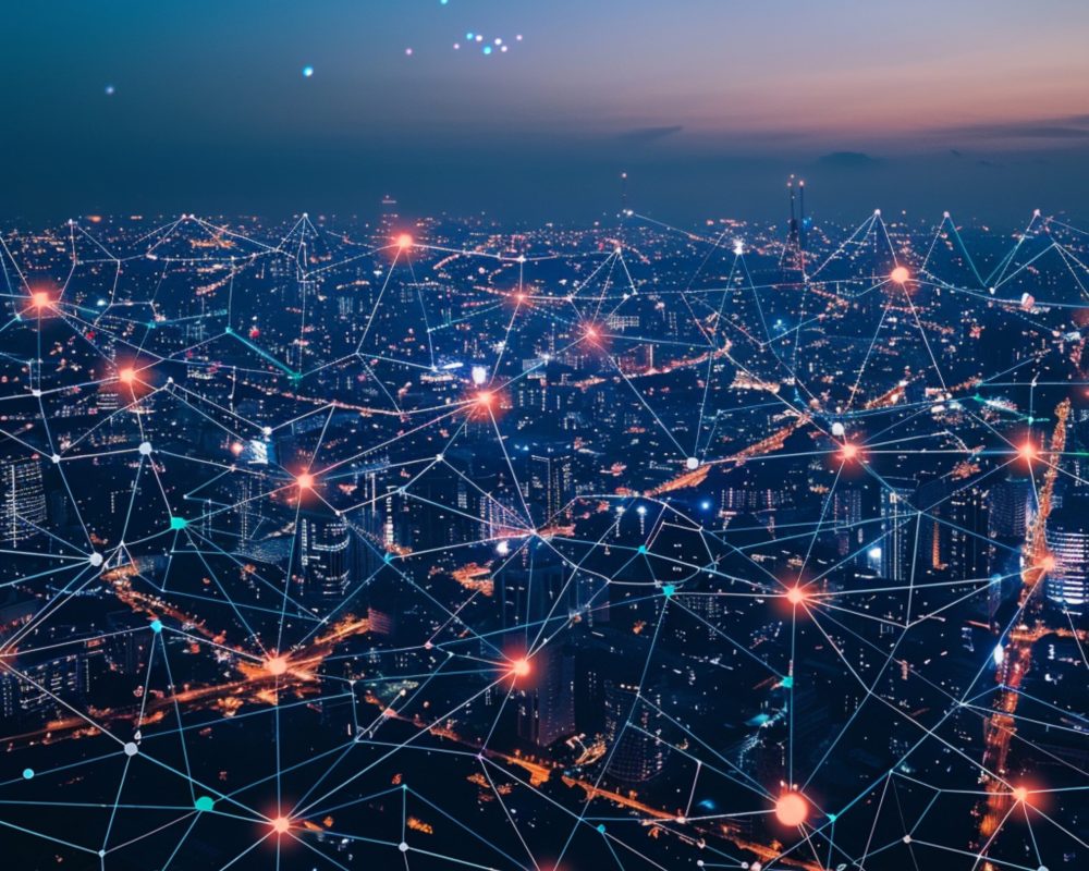 Nighttime aerial picture of the city adorned with clouds and stars artificial intelligence. AI photo is generally refers to photos that have been created, modified, or enhanced with the assistance of artificial intelligence (AI) technologies. AI algorithms can be used to improve the quality of photos by reducing noise, enhancing details, adjusting brightness and contrast, and refining colors. AI can be used to restore old or damaged photos by filling in missing parts, reducing scratches, and enhancing overall image quality.