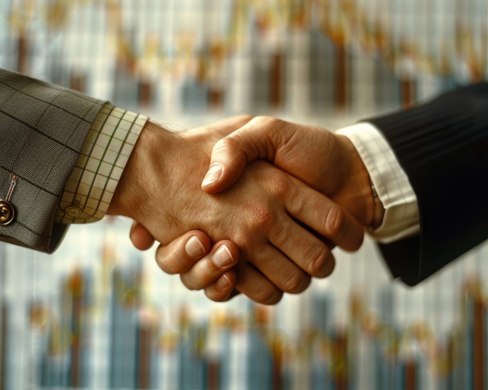 Two professionals shaking hands against a backdrop of financial growth charts, signifying successful business agreement.